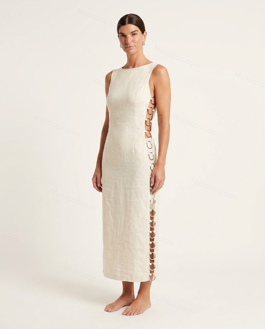 White Lace Linen Dress, front studio view, by Massicos