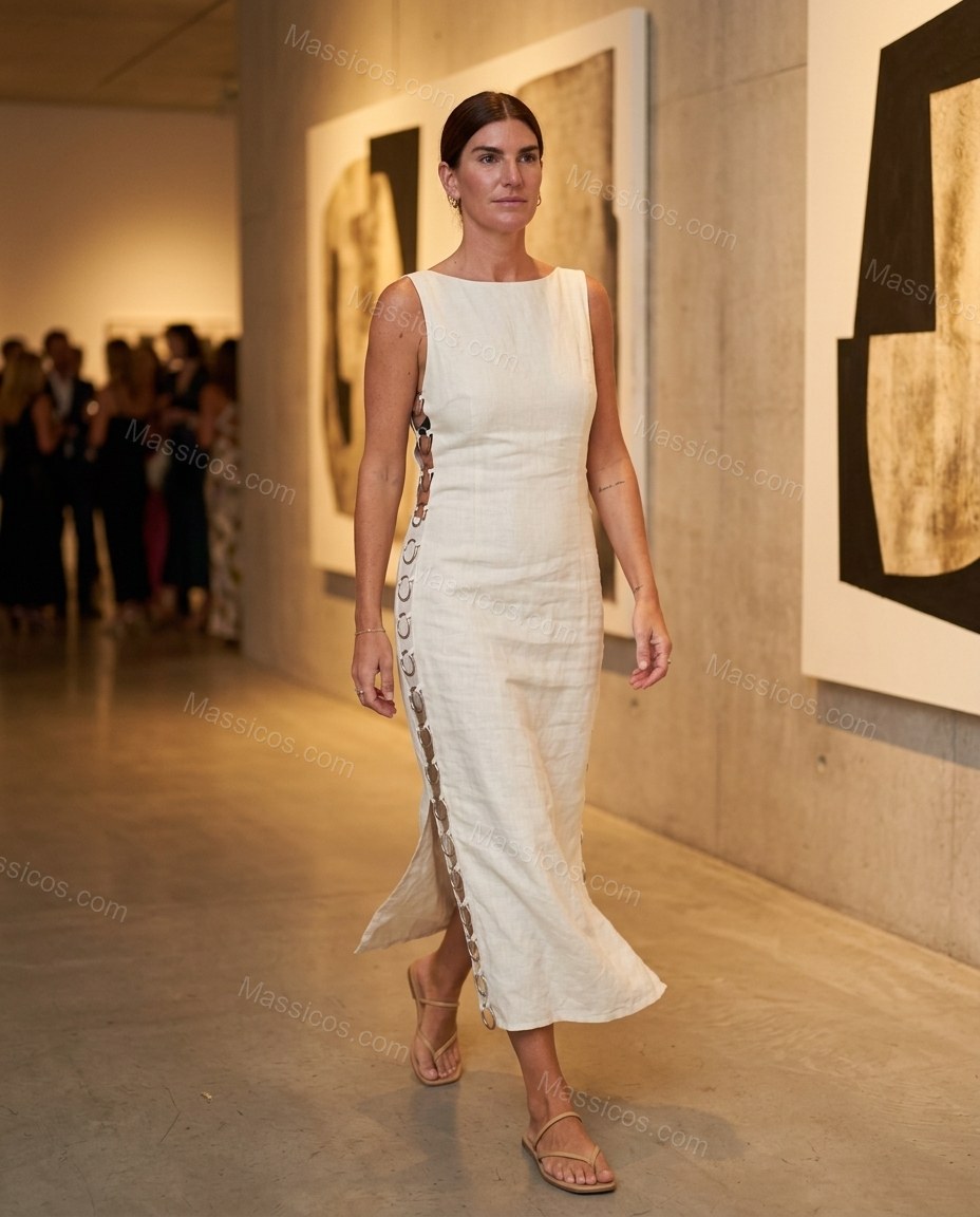 White Lace Linen Dress, walking lifestyle view, by Massicos