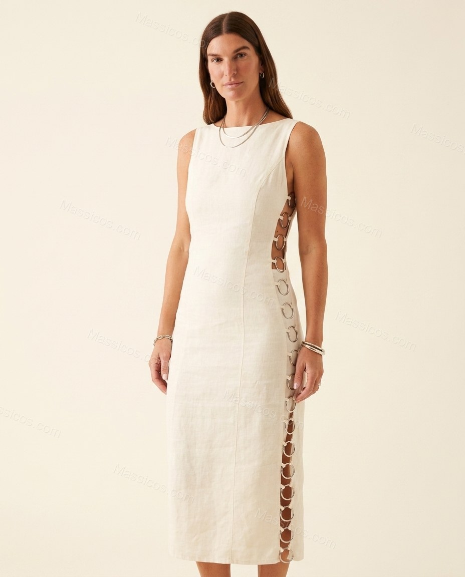 White Lace Linen Dress, full-length hero view, by Massicos