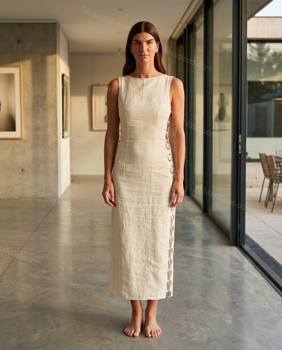 White Lace Linen Dress, alternate use-case lifestyle view, by Massicos