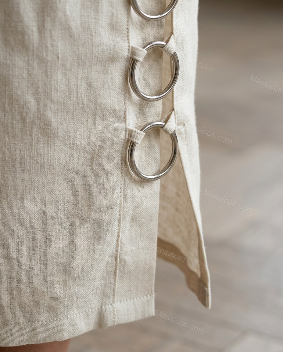 White Lace Linen Dress, close-up of side cutouts, metal ring hardware and side slit, by Massicos