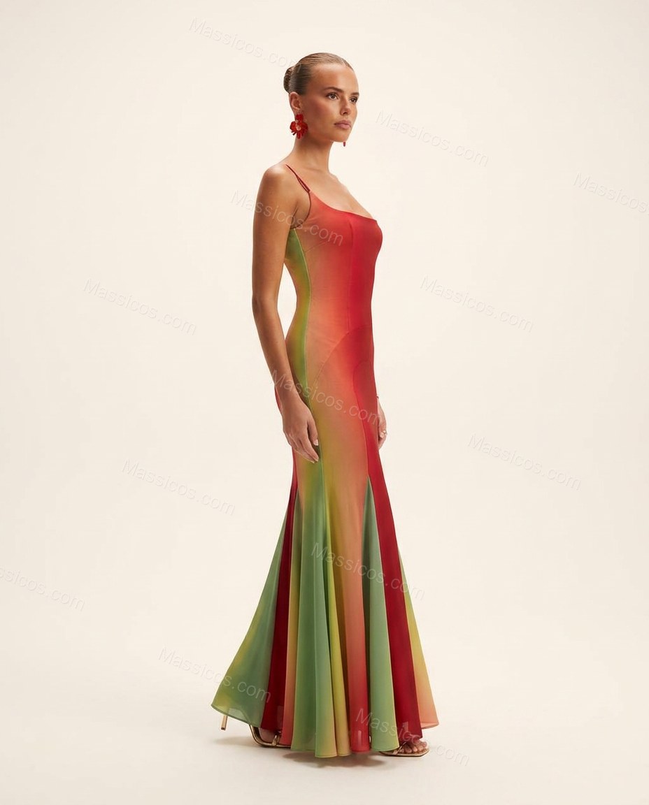 Red Maxi Lace Dress, side and back studio view showing corset-style lace-up back with metal eyelets and long ties, by Massicos