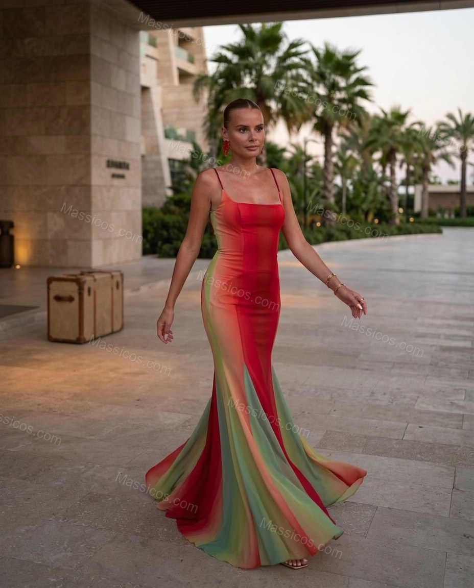 Red Maxi Lace Dress, walking lifestyle view, by Massicos