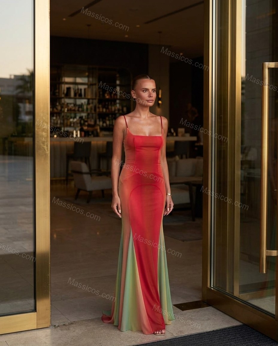 Red Maxi Lace Dress, three-quarter brand lifestyle view, by Massicos