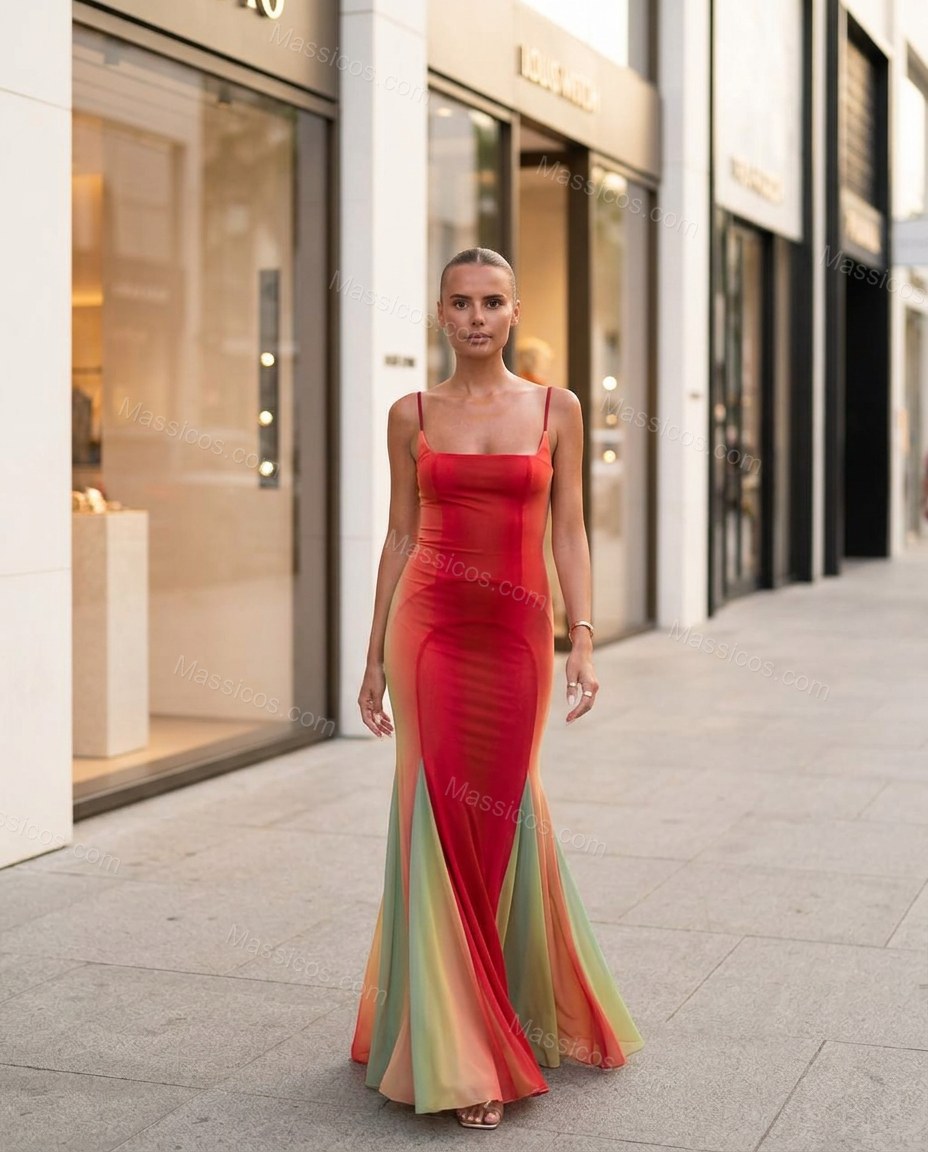Red Maxi Lace Dress, movement and fit lifestyle view, by Massicos