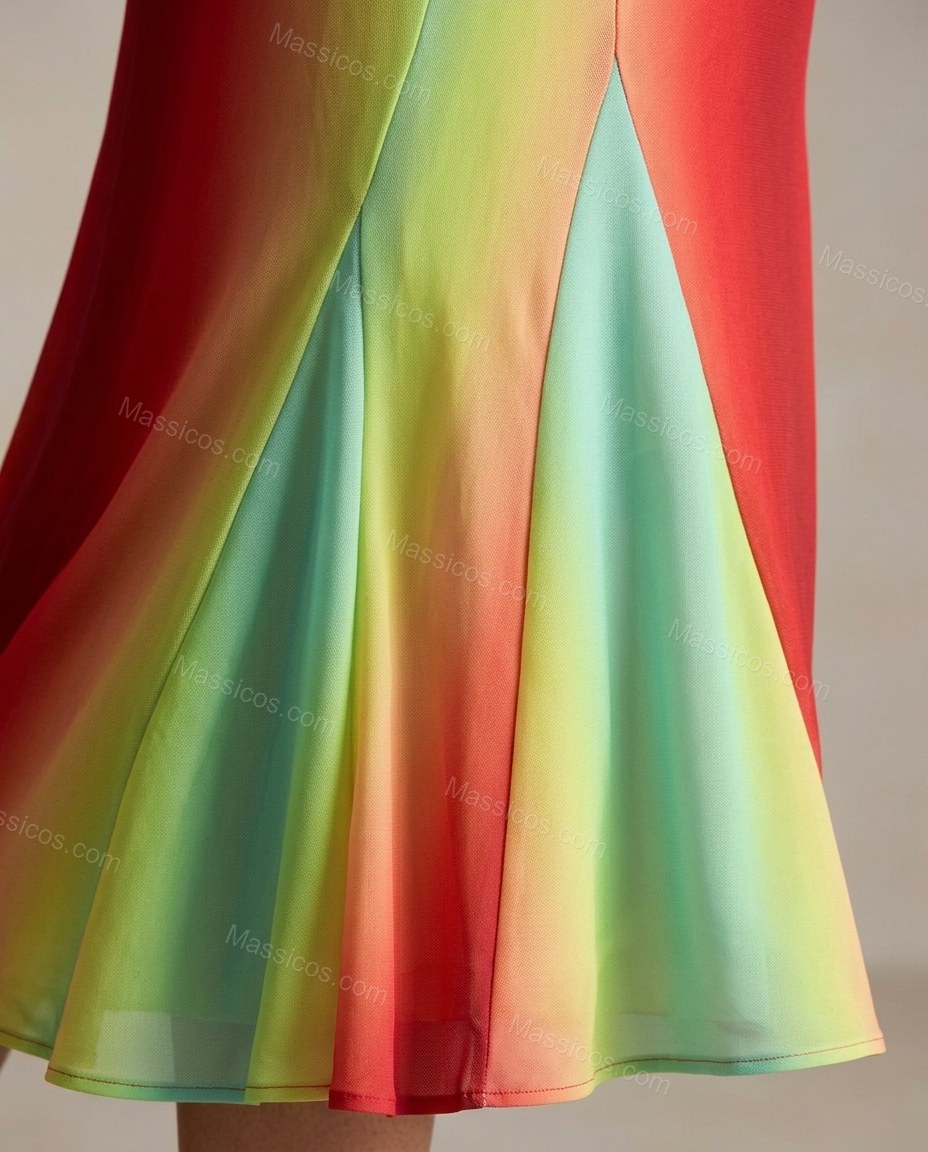 Red Maxi Lace Dress, close-up of green and yellow accents, lace-up back and flared hem, by Massicos