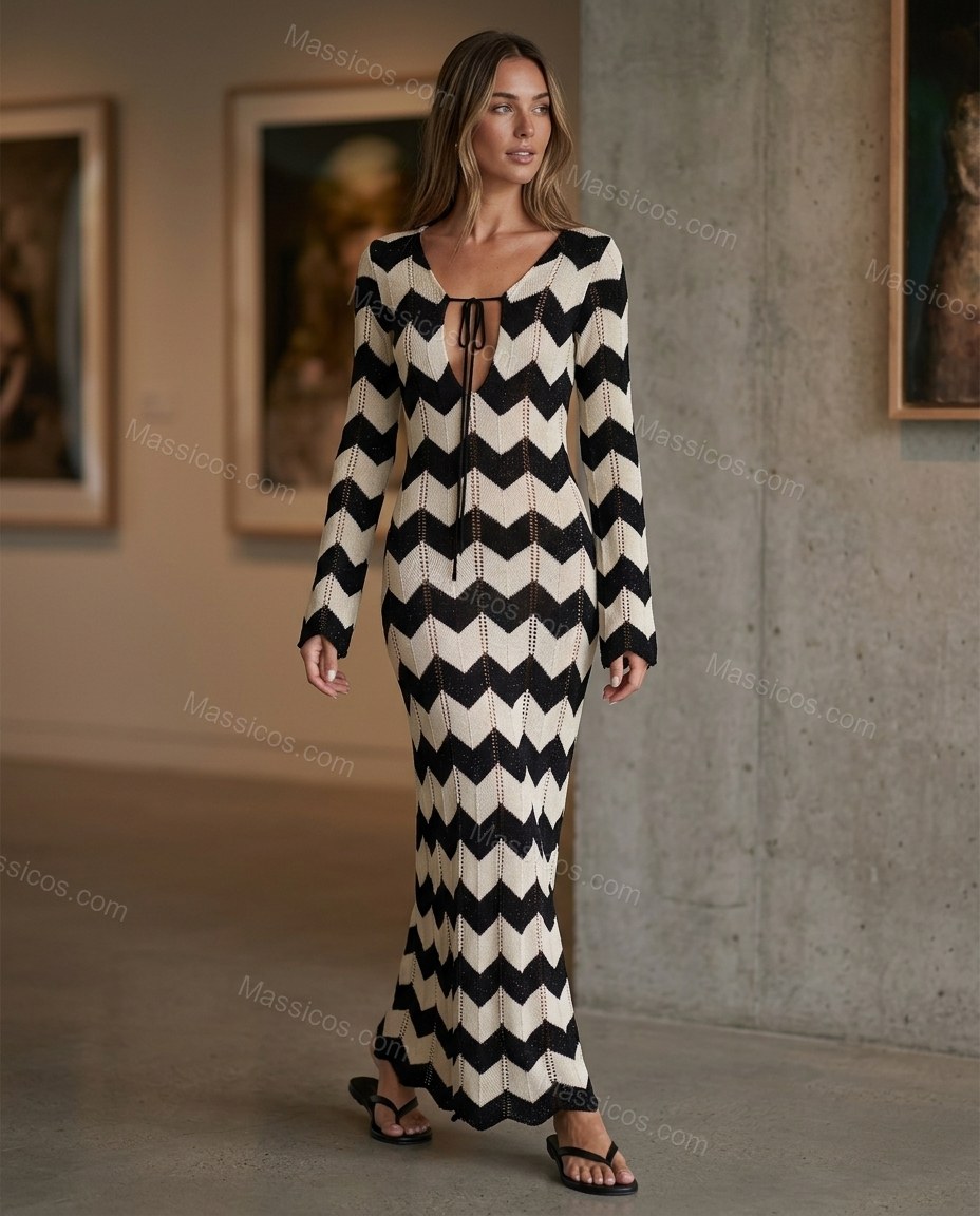 Black Chevron Maxi Knit Dress, walking lifestyle view, by Massicos