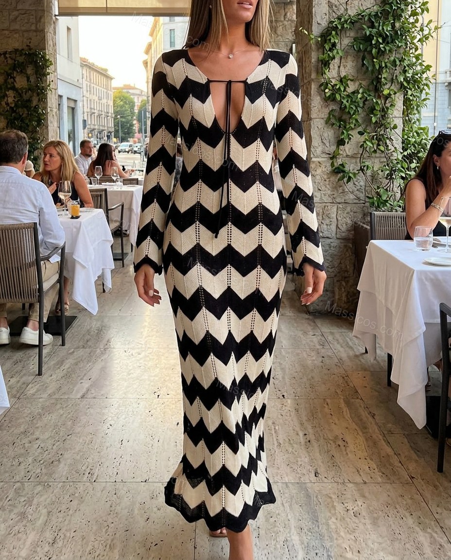 Black Chevron Maxi Knit Dress, movement and fit lifestyle view, by Massicos