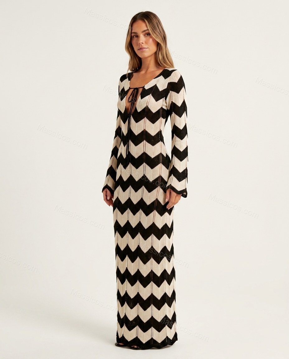 Black Chevron Maxi Knit Dress, front studio view, by Massicos