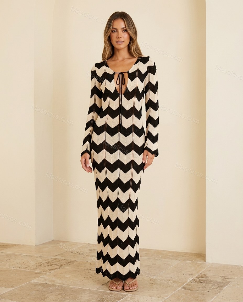 Black Chevron Maxi Knit Dress, full-length hero view, by Massicos
