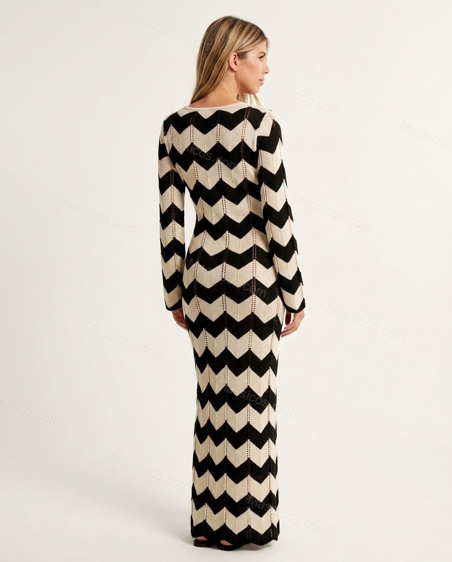 Black Chevron Maxi Knit Dress, back studio view showing simple straight back with continuous chevron pattern, by Massicos