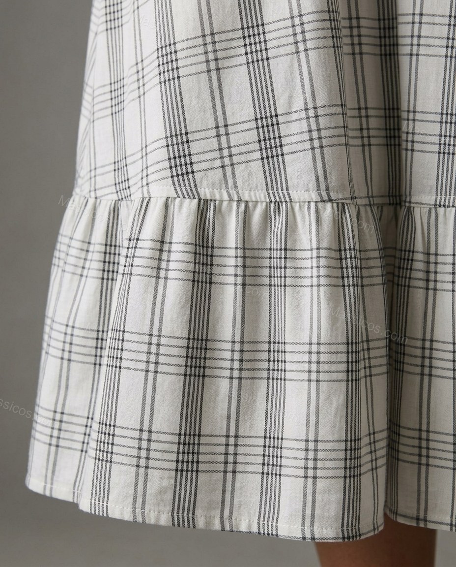 White Plaid Tiered Cotton Dress, close-up of plaid, by Massicos