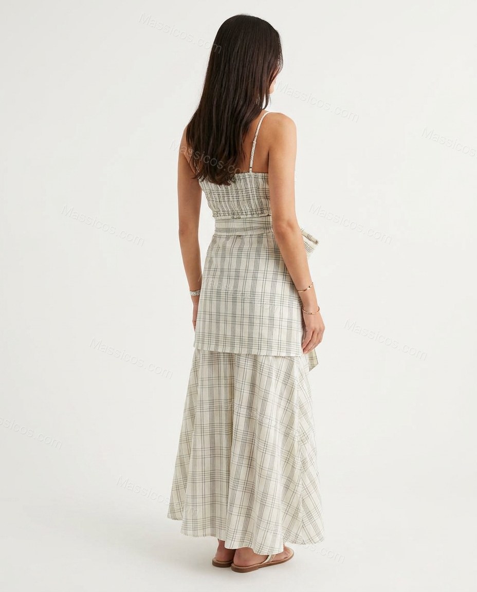 White Plaid Tiered Cotton Dress, back studio view showing smocked back panel provides stretch and fitted silhouette, by Massicos