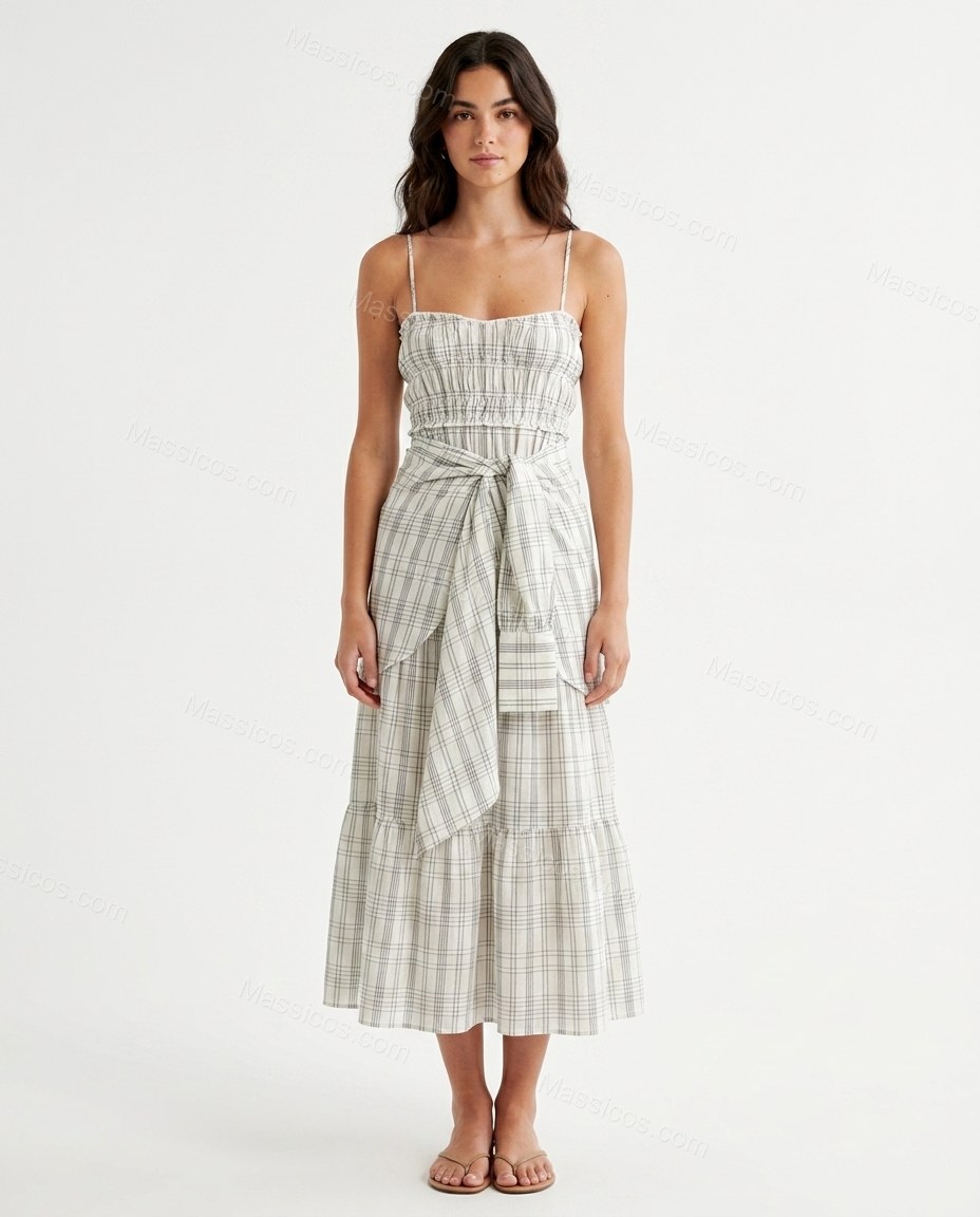 White Plaid Tiered Cotton Dress, front studio view, by Massicos
