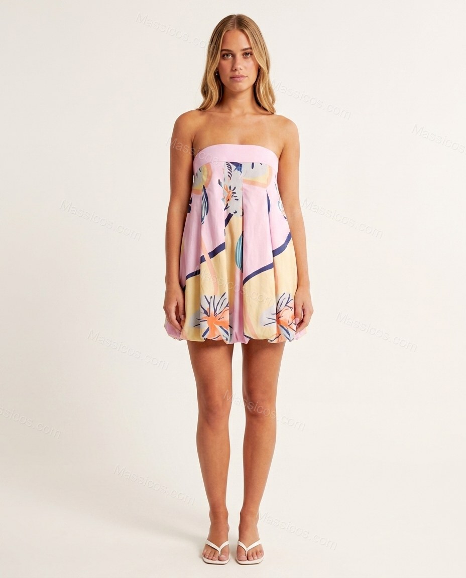 Pink Abstract Mini Strapless Dress, front studio view, by Massicos