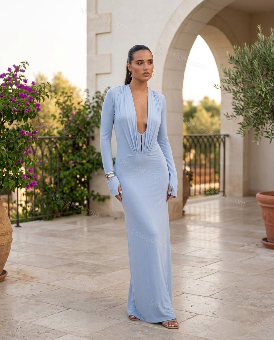 Light Blue Maxi Dress, three-quarter brand lifestyle view, by Massicos