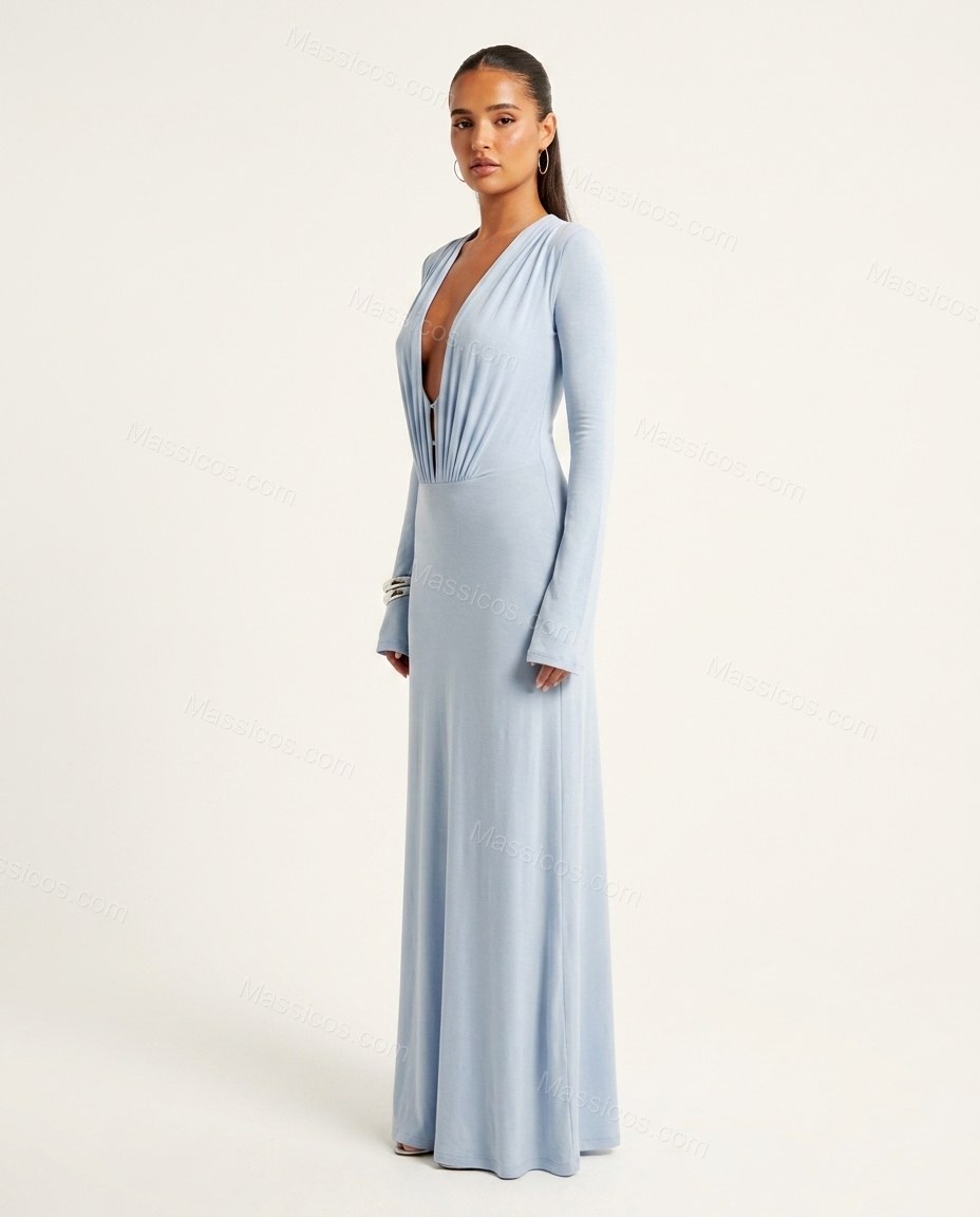 Light Blue Maxi Dress, side and back studio view, by Massicos