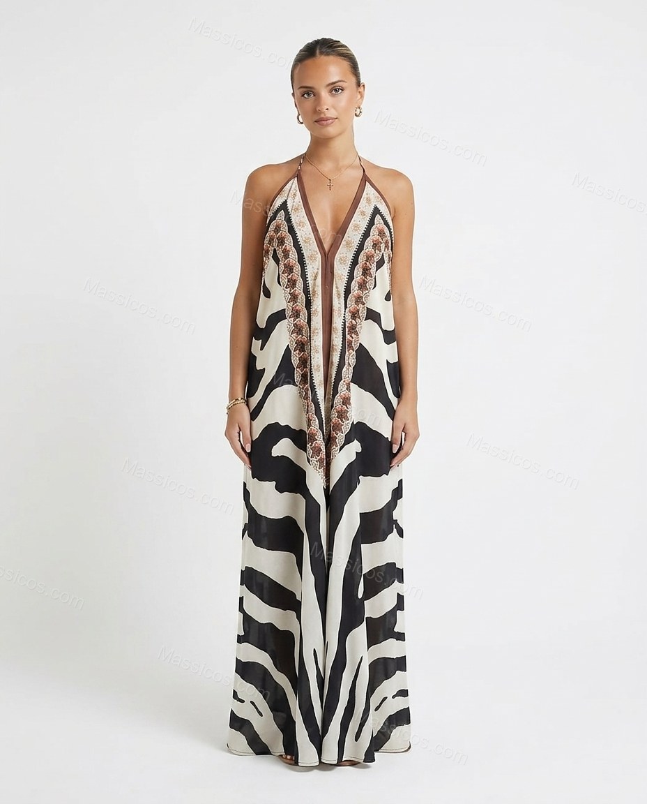 White Animal Print Maxi Halter Dress, front studio view, by Massicos