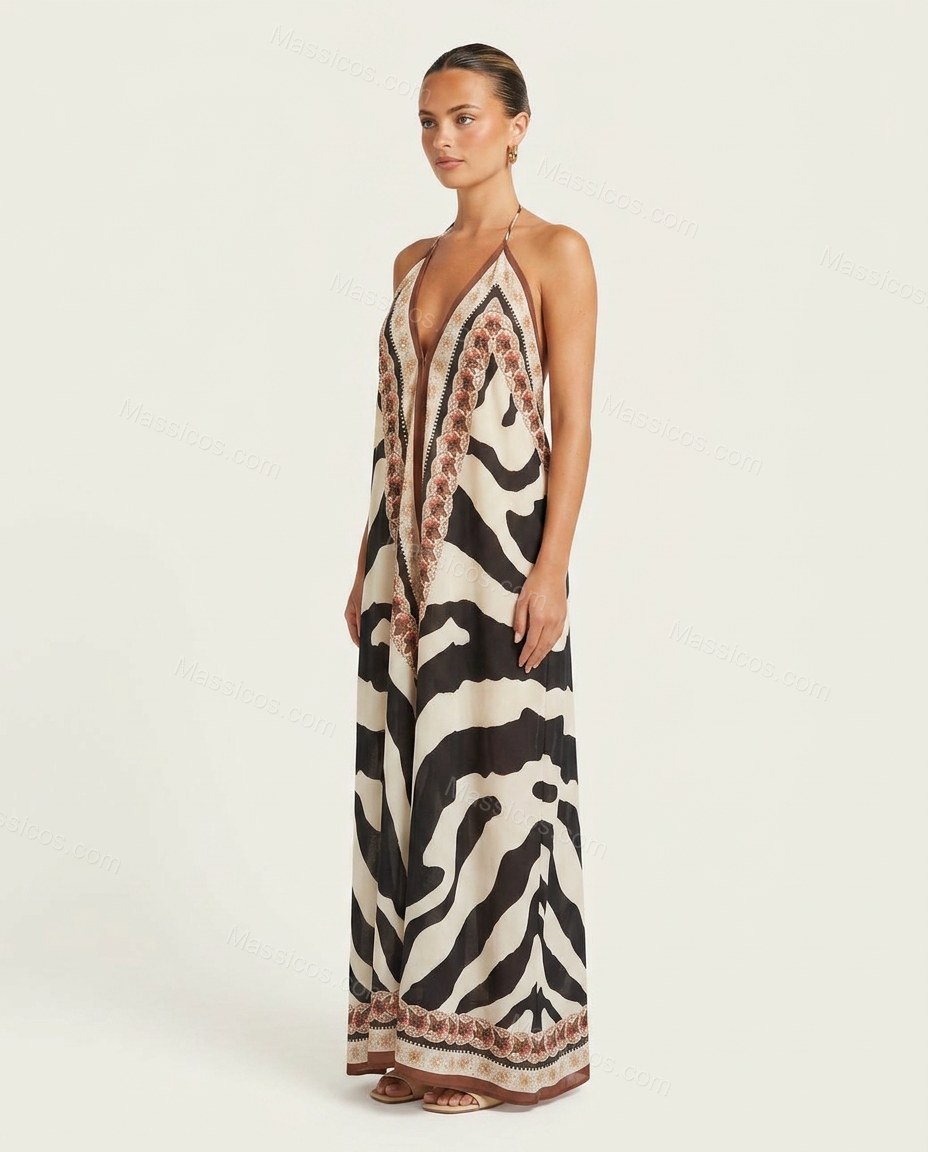 White Animal Print Maxi Halter Dress, side and back studio view, by Massicos