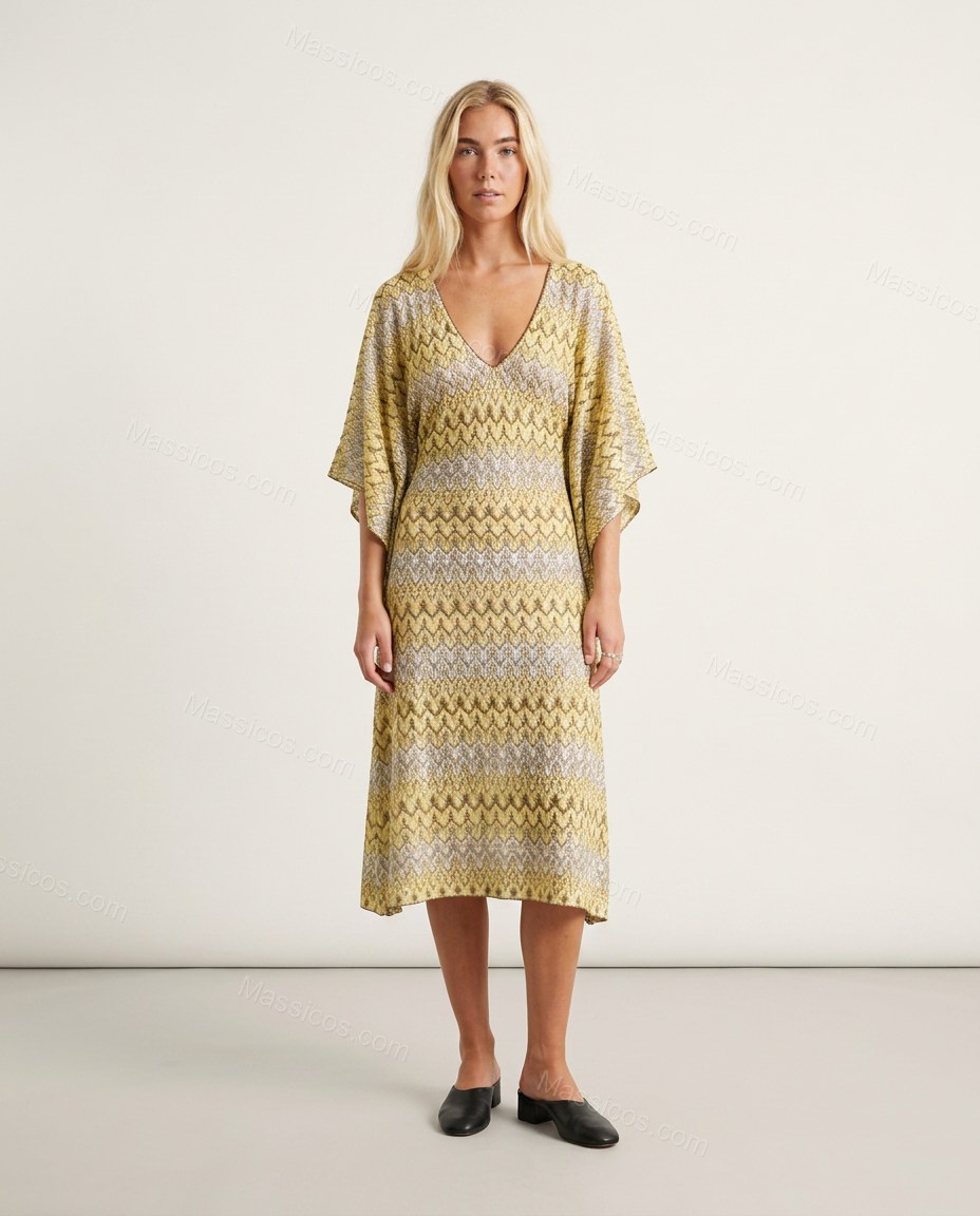 Yellow Geometric Midi Dress, front studio view, by Massicos