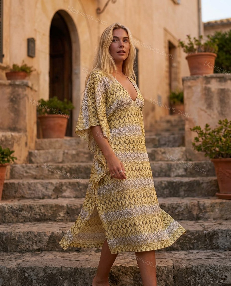 Yellow Geometric Midi Dress, movement and fit lifestyle view, by Massicos