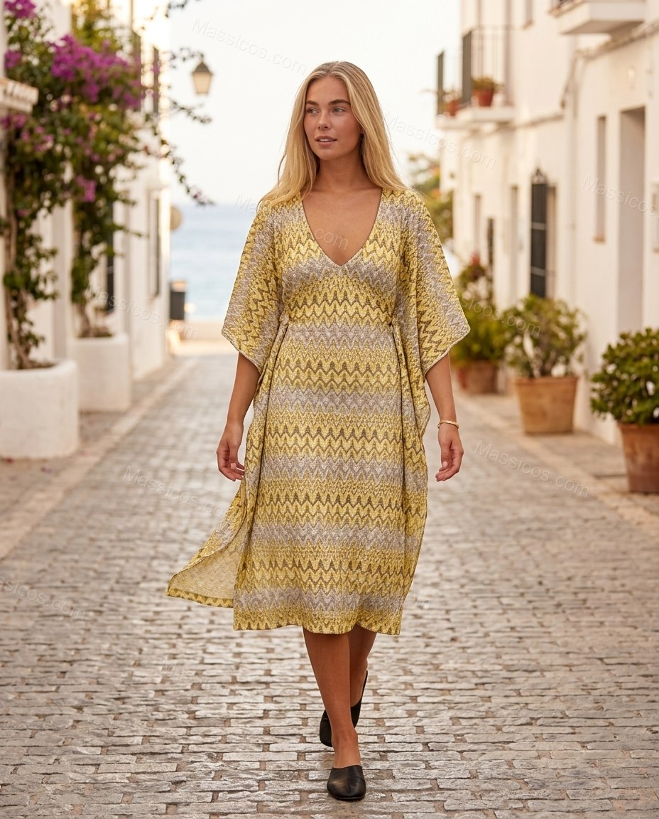 Yellow Geometric Midi Dress, walking lifestyle view, by Massicos