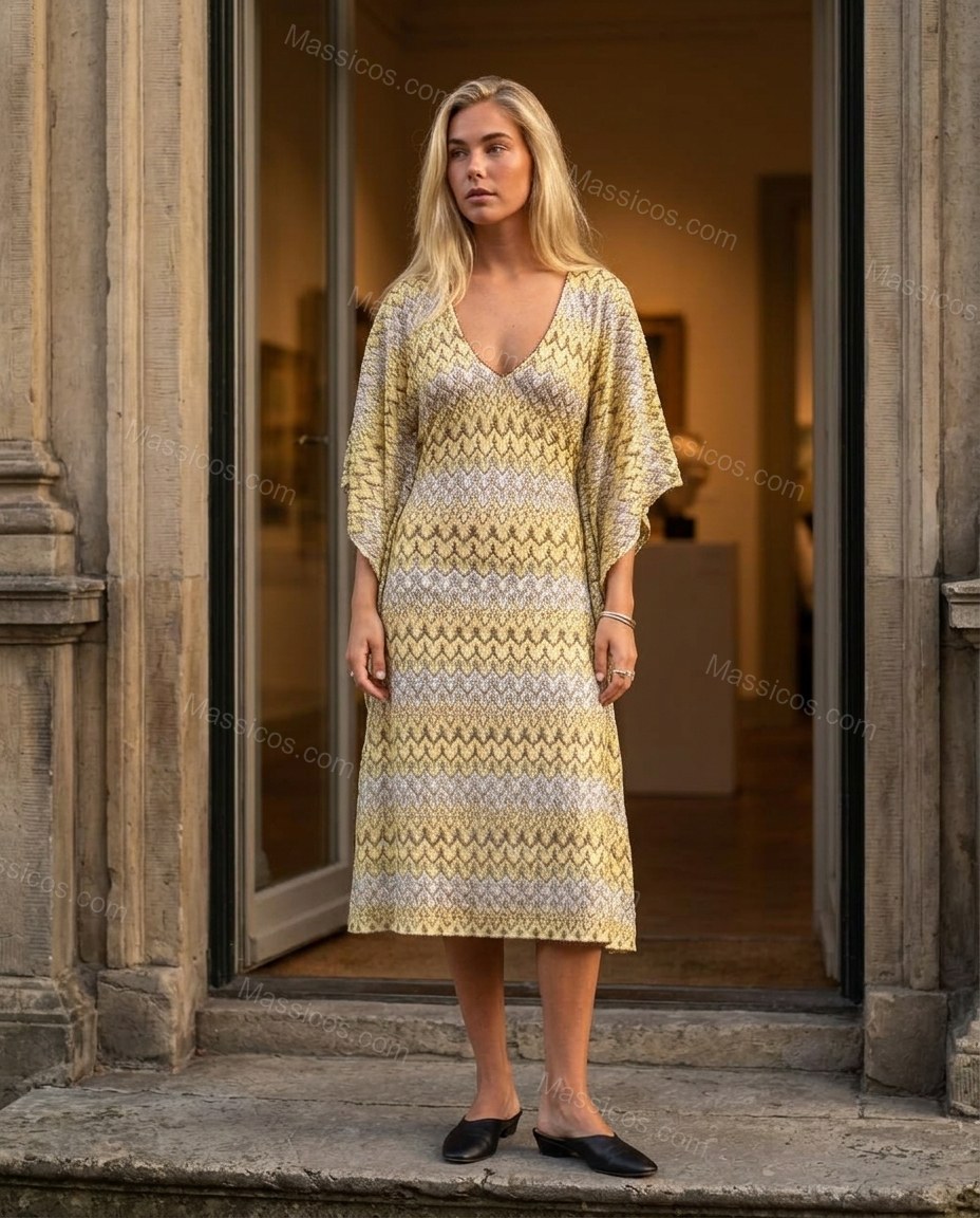 Yellow Geometric Midi Dress, three-quarter brand lifestyle view, by Massicos