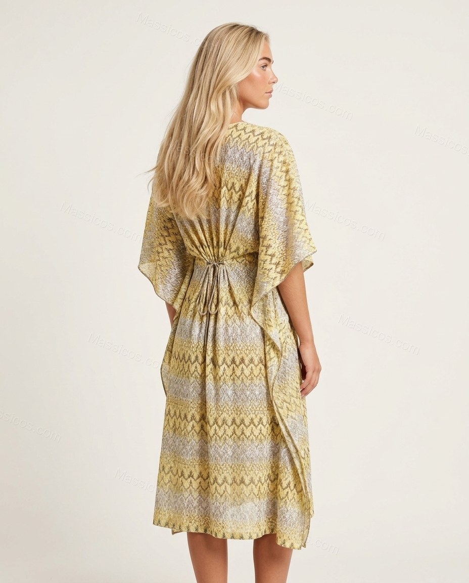 Yellow Geometric Midi Dress, back studio view, by Massicos