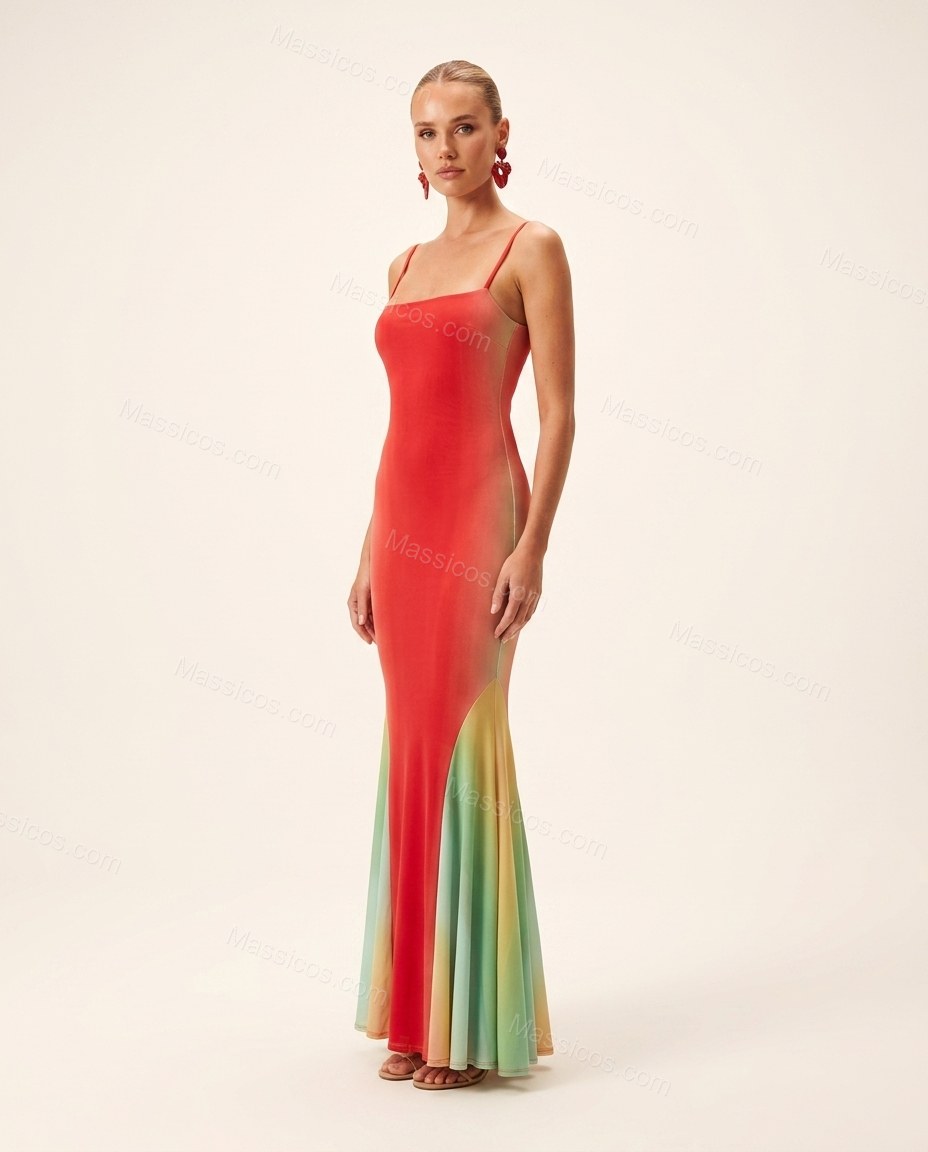 Red Maxi Dress, side and back studio view, by Massicos