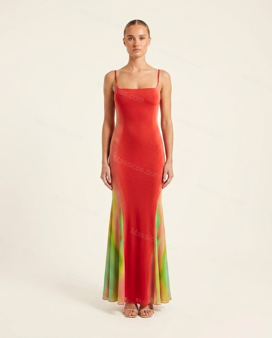 Red Maxi Dress, front studio view, by Massicos