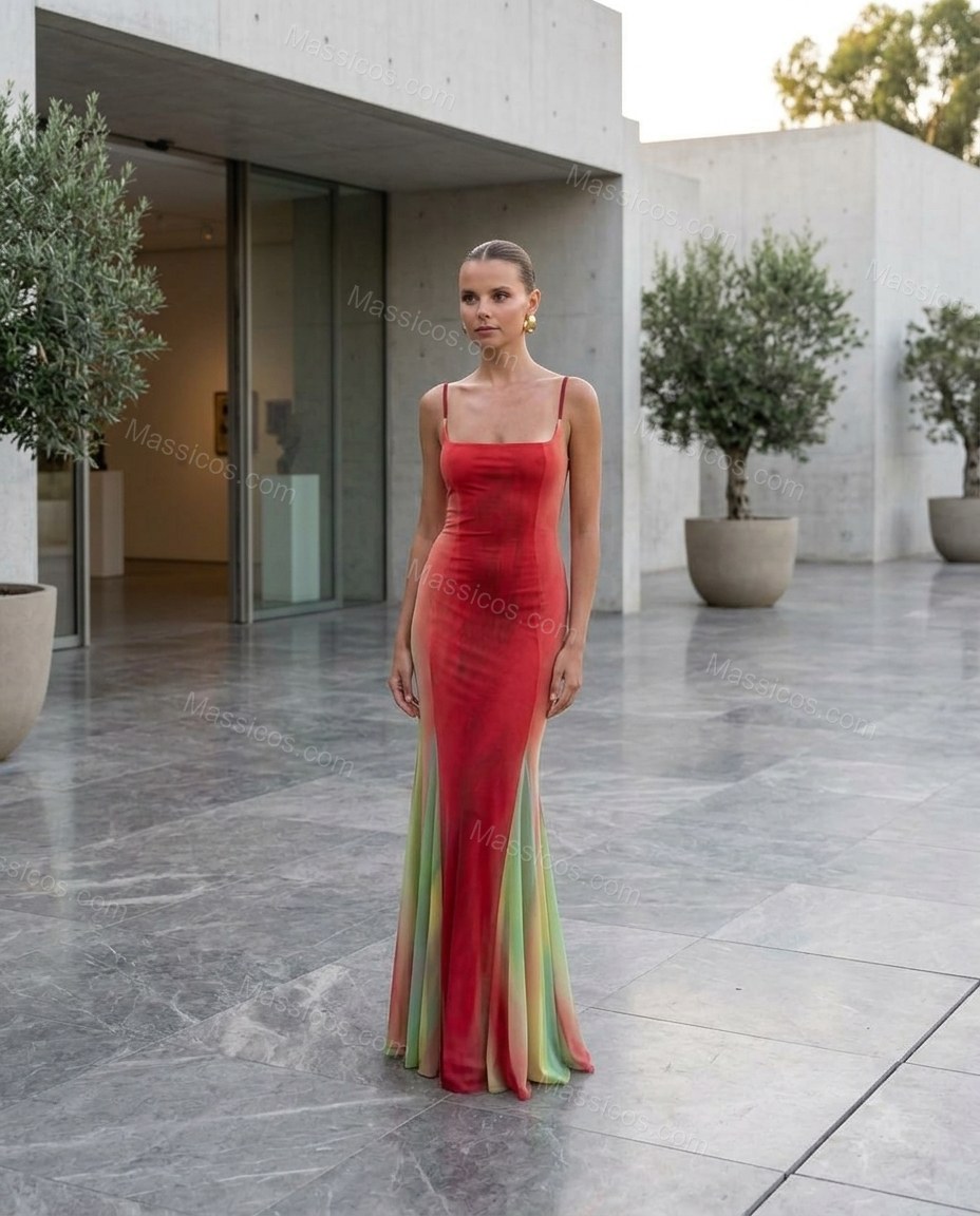 Red Maxi Dress, three-quarter brand lifestyle view, by Massicos