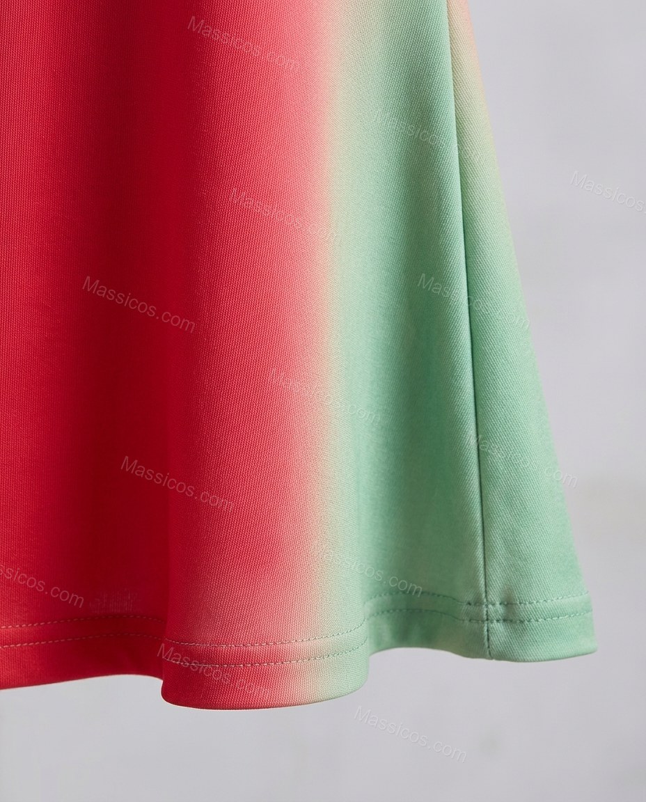 Red Maxi Dress, close-up of green and yellow accents, flared hem and square neckline, by Massicos