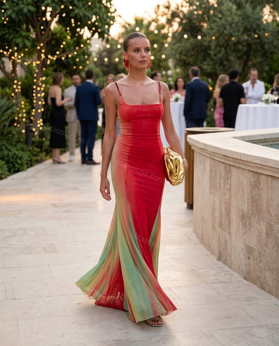 Red Maxi Dress, movement and fit lifestyle view, by Massicos