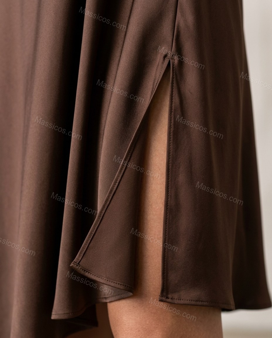 Brown Maxi Strapless Asymmetric Dress, close-up of front knot detail, high slit and draped fabric, by Massicos