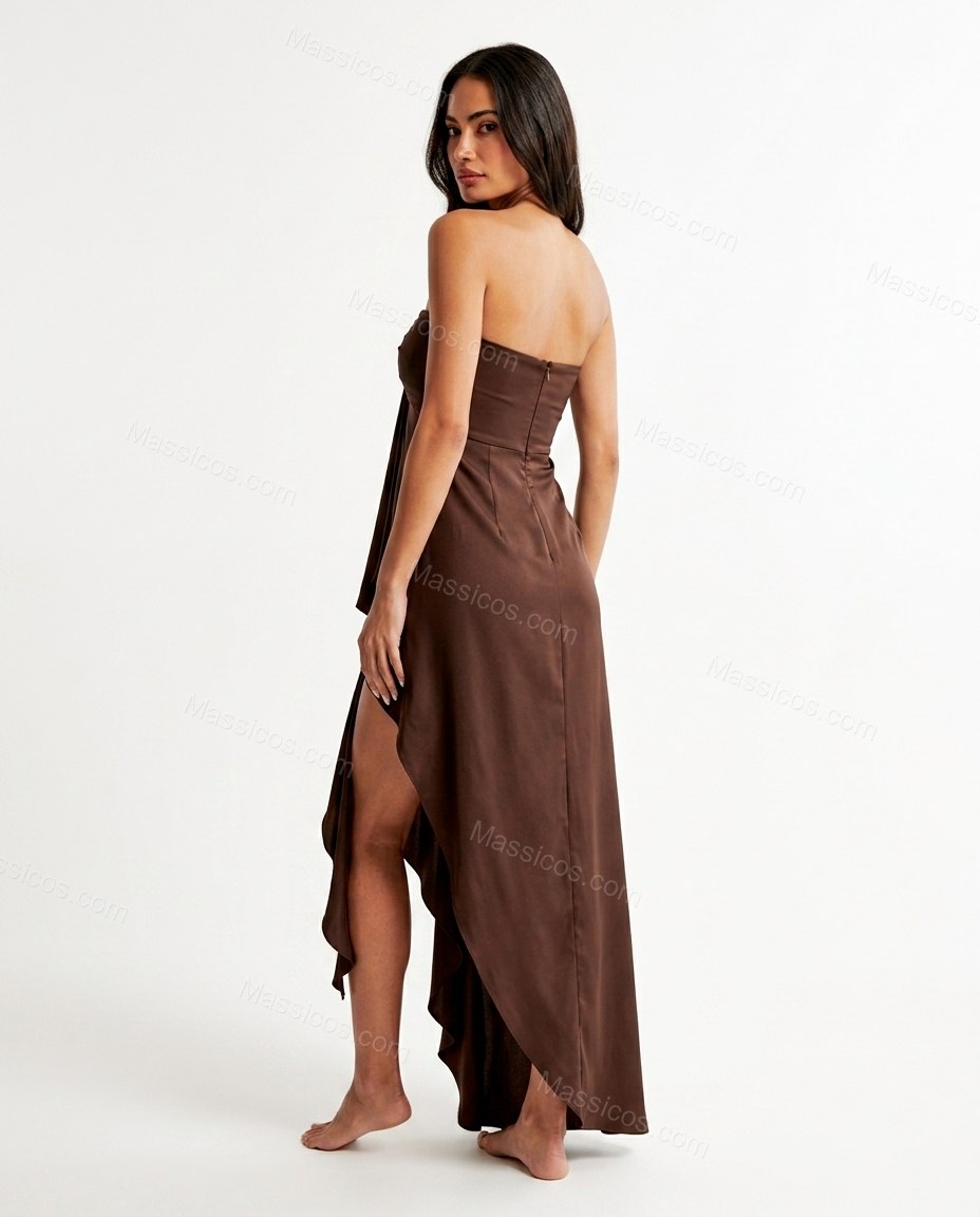 Brown Maxi Strapless Asymmetric Dress, back studio view showing clean back silhouette with zipper closure, by Massicos