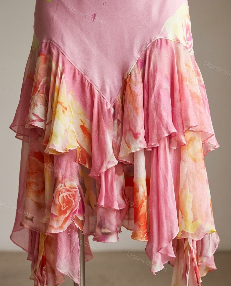 Pink Floral Midi Ruffled Dress, close-up of floral, by Massicos