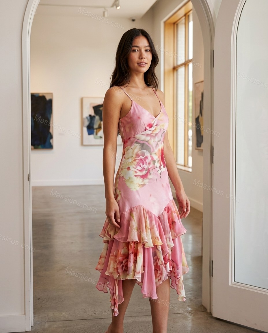 Pink Floral Midi Ruffled Dress, alternate use-case lifestyle view, by Massicos