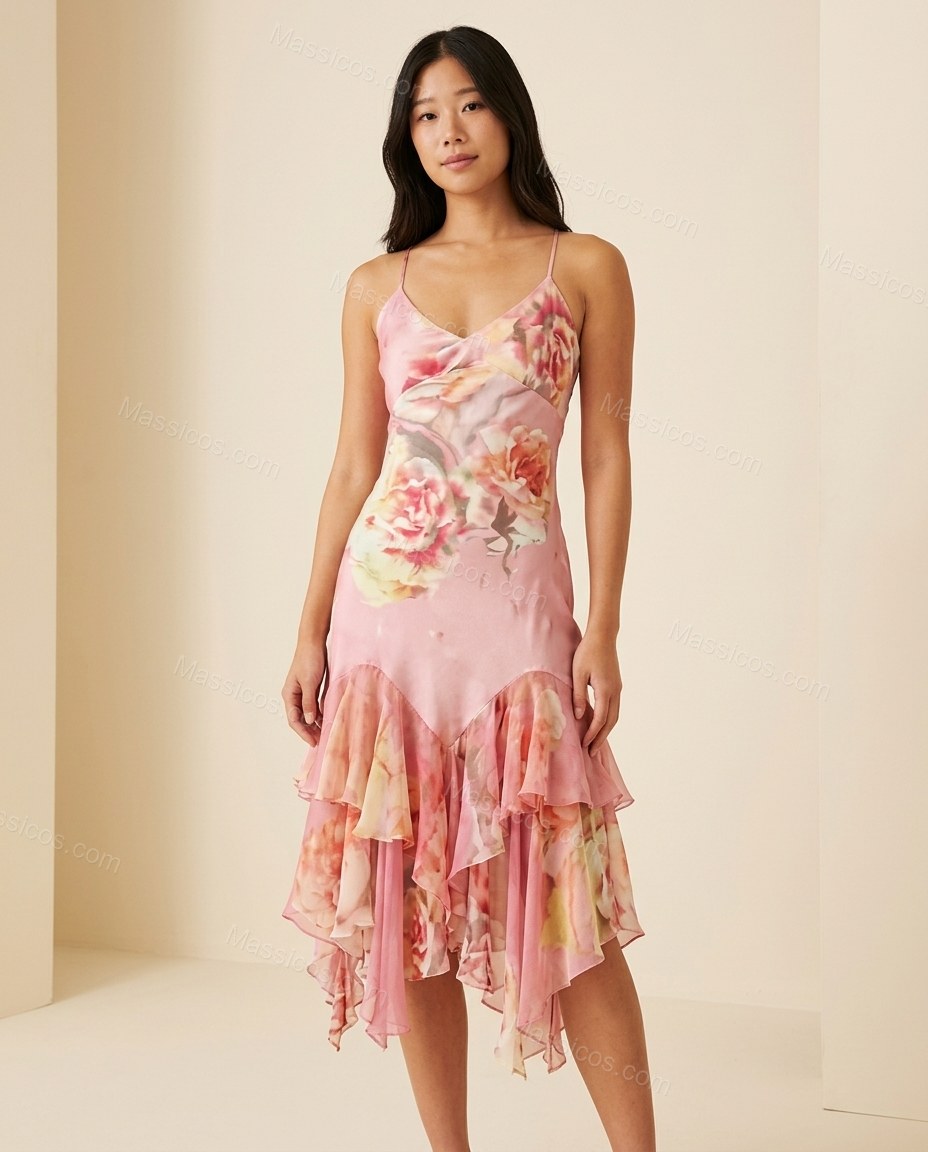 Pink Floral Midi Ruffled Dress, full-length hero view, by Massicos