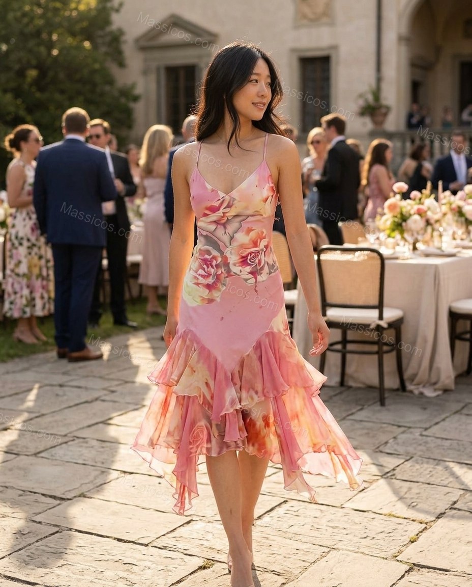 Pink Floral Midi Ruffled Dress, walking lifestyle view, by Massicos