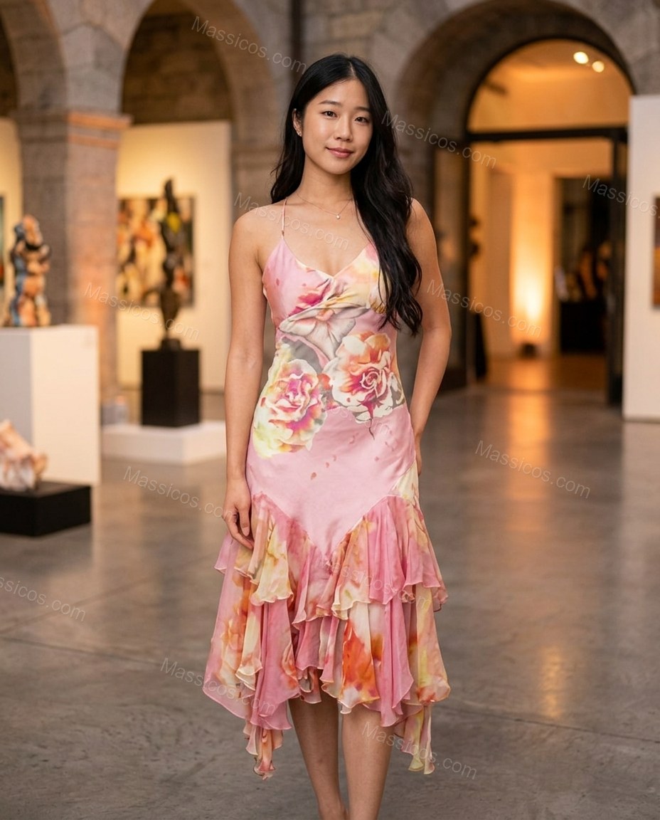 Pink Floral Midi Ruffled Dress, three-quarter brand lifestyle view, by Massicos