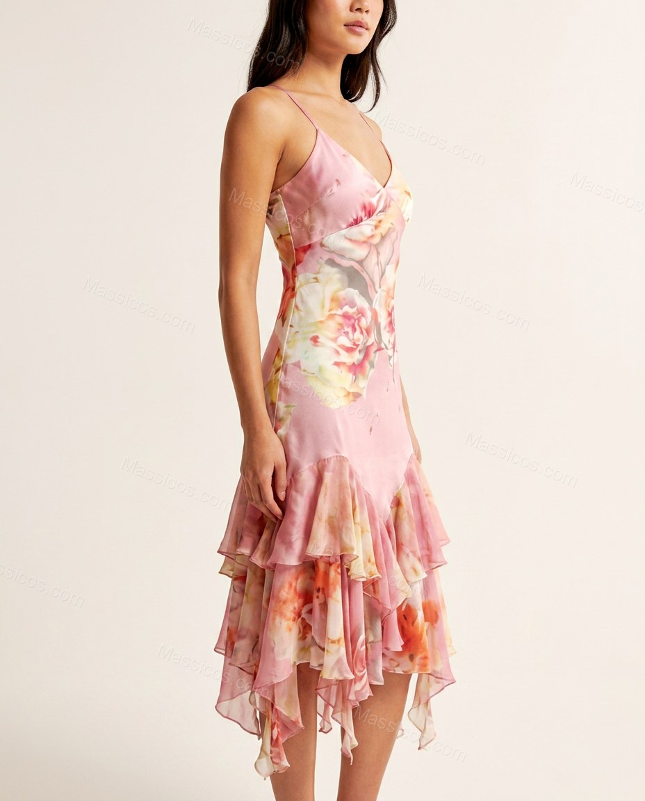 Pink Floral Midi Ruffled Dress, side and back studio view, by Massicos