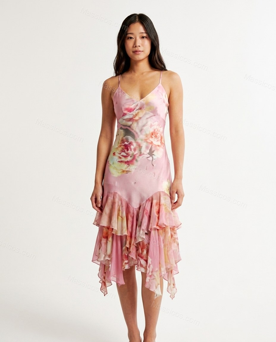 Pink Floral Midi Ruffled Dress, front studio view, by Massicos