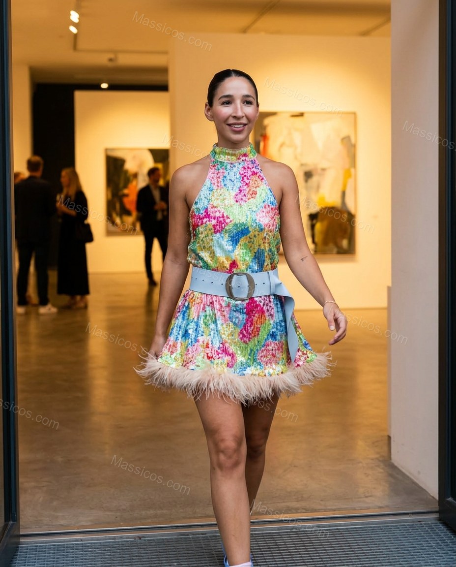 Multi-Color Abstract Mini Halter Dress, movement and fit lifestyle view, by Massicos