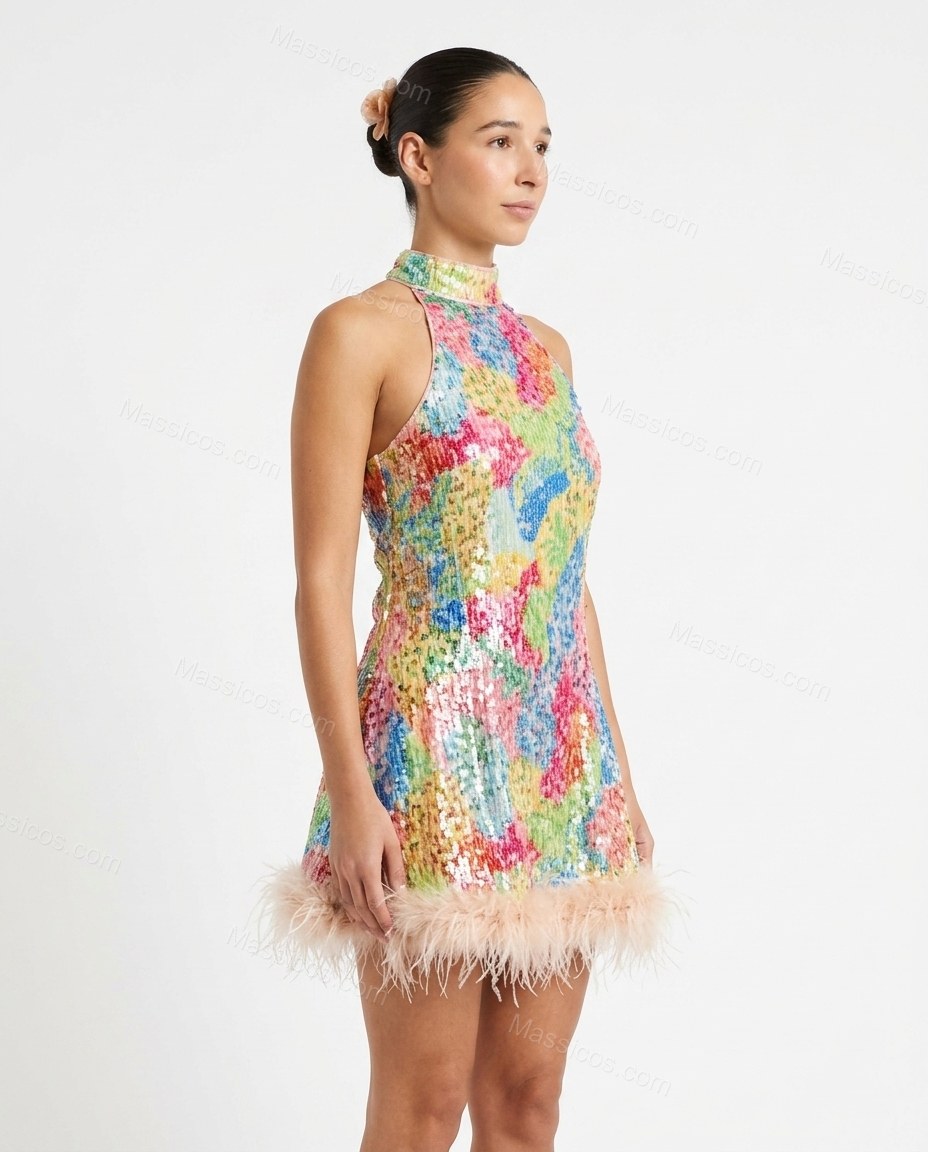 Multi-Color Abstract Mini Halter Dress, front studio view, by Massicos