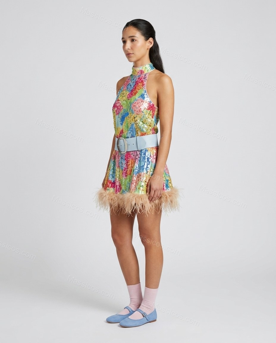 Multi-Color Abstract Mini Halter Dress, side and back studio view showing open back halter construction, by Massicos