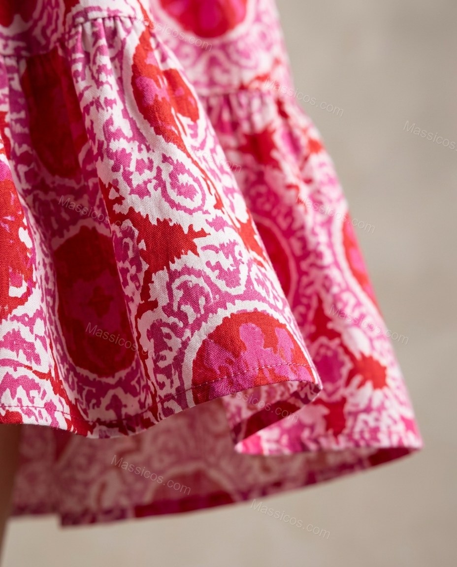 Pink Maxi Open-Back Tiered Dress, close-up of red and white accents, open back and tie-back closure, by Massicos