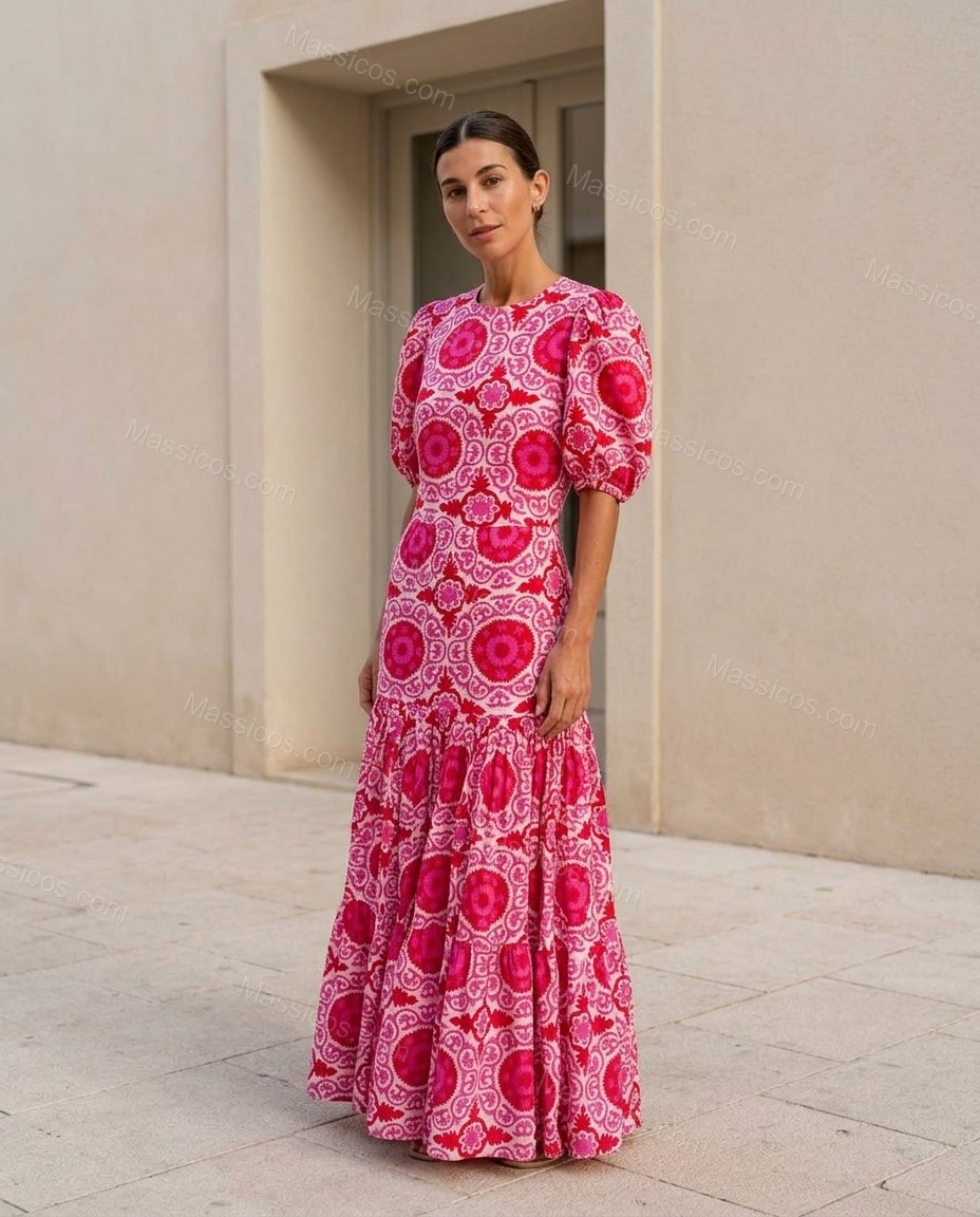 Pink Maxi Open-Back Tiered Dress, full-length hero view, by Massicos
