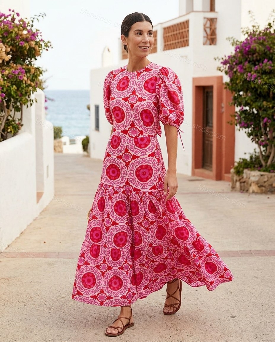 Pink Maxi Open-Back Tiered Dress, movement and fit lifestyle view, by Massicos
