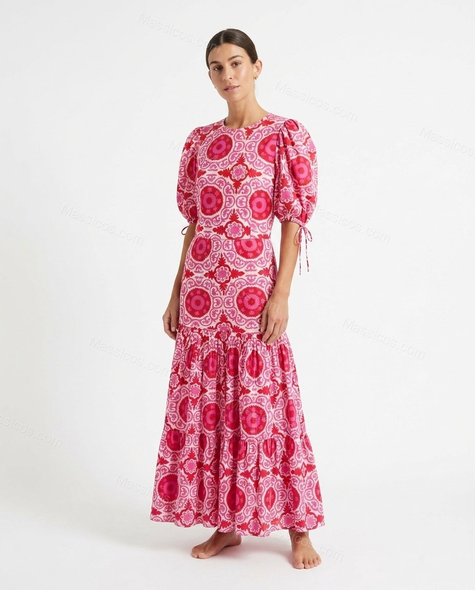 Pink Maxi Open-Back Tiered Dress, front studio view, by Massicos