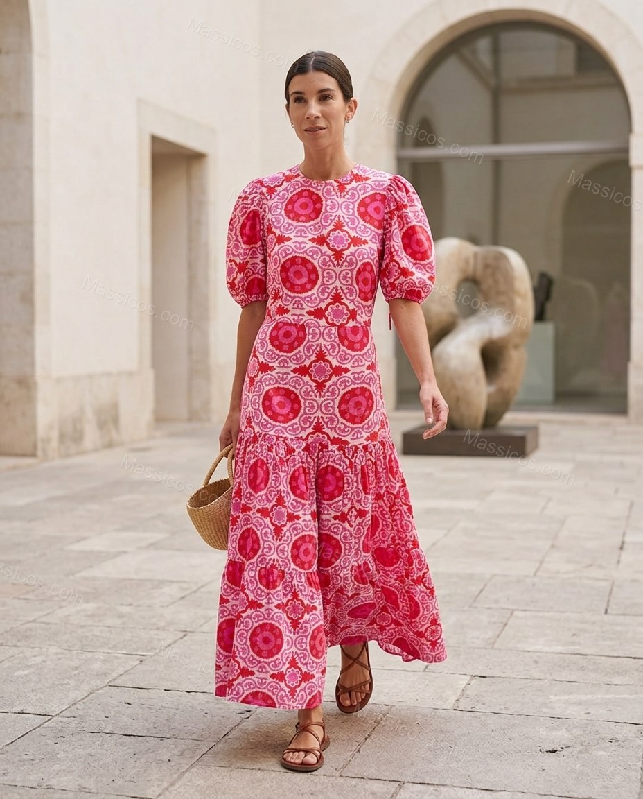 Pink Maxi Open-Back Tiered Dress, walking lifestyle view, by Massicos